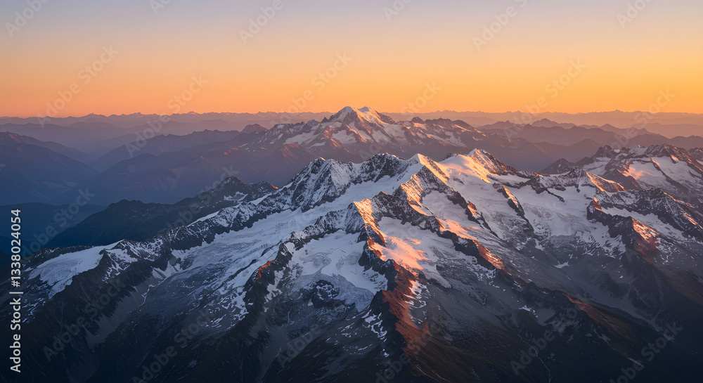Obraz premium Snowy Mountain Peaks at Golden Hour Sunrise Landscape Aerial View
