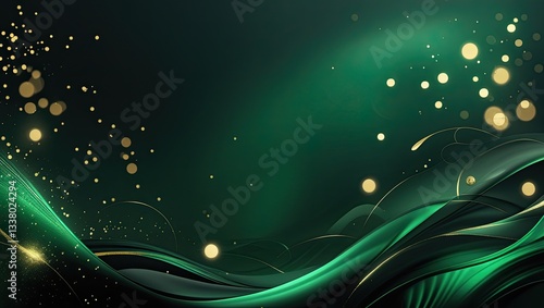 A deep, dark green background with a rich gradient effect, smoothly blending from near-black green to intense emerald green. Elegant, soft glowing bokeh lights subtly scattered throughout for a dreamy
