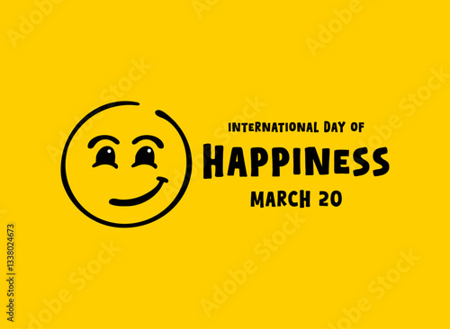 International Day of Happiness. March 20. Yellow background. Smile face icon. Line. Doodle.