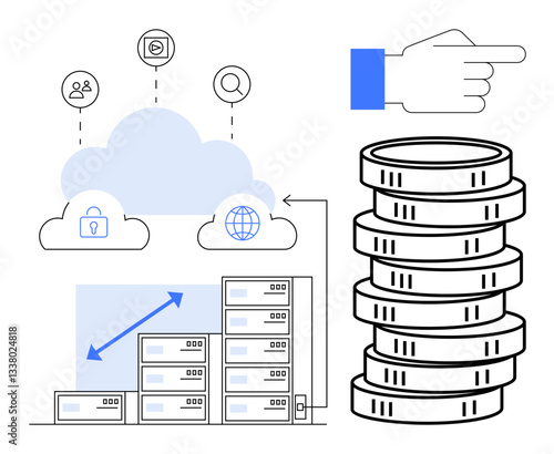 Cloud with connected icons above servers depicting growth with arrow. Stack of coins for profitability and hand gesture. Ideal for technology, finance, data storage, investment, scalability, digital