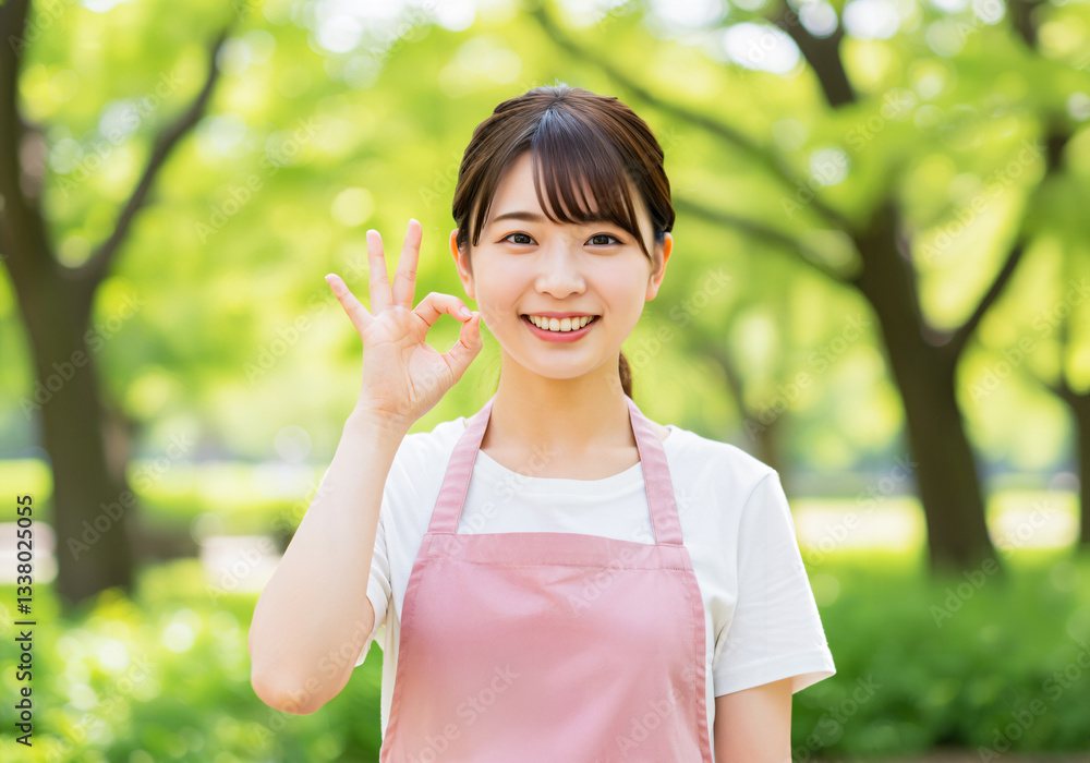 OKサインを手でつくって微笑むエプロン姿の女性：保育士または看護師などの職業