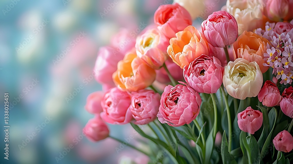 Delicate Pastel Pink and Peach Tulips and Ranunculus Flower Bouquet Delicate Pastel Pink and Peach Tulips and Ranunculus Flower Bouquet