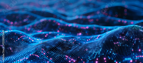 AI artificial Intelligence technology. Machine and deep learning. Blue technology data wavy lines in a holographic style. Cyber big data flow with particle bokeh. Digital Neural Network.