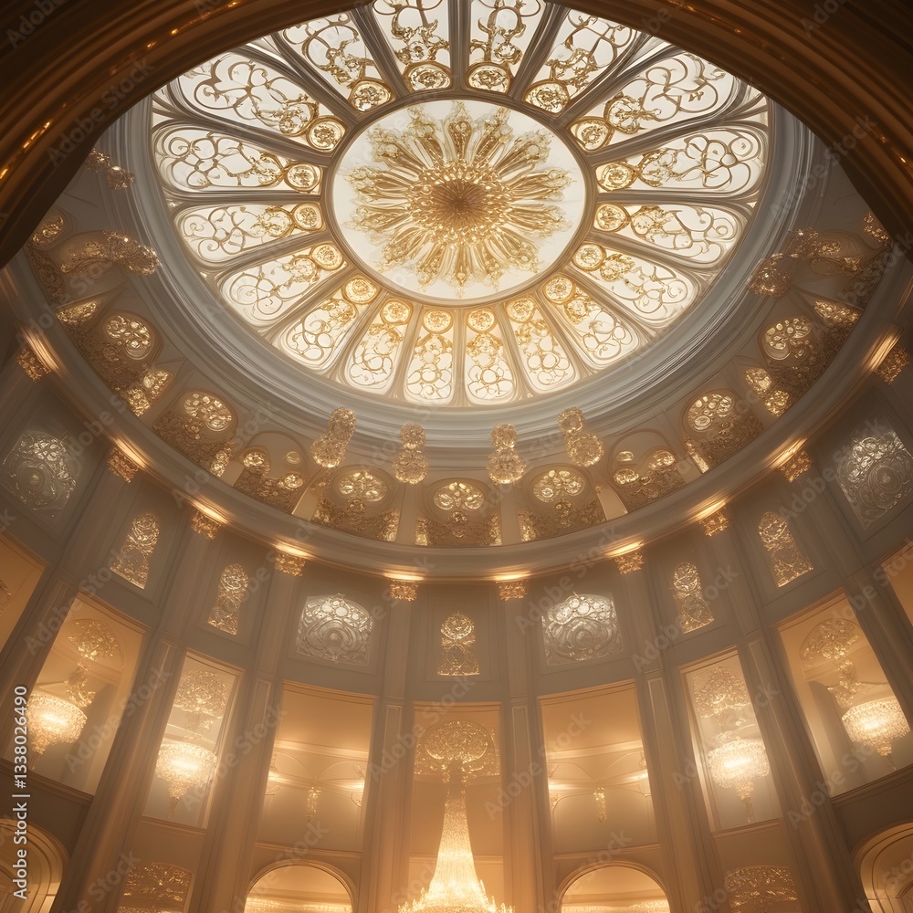 Obraz premium A luxurious ceiling adorned with intricate golden patterns and soft ambient lighting, casting an elegant glow across the room