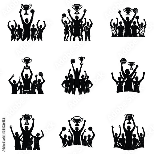 Winning team is holding trophy in hands vector Silhouette illustration, symbol of achievement and successful, vector illustration