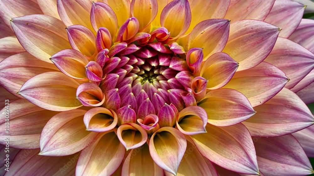 Close-up view of a vibrant Dahlia flower, showcasing its intricate details and beautiful color palette of soft pinks and yellows. Close-up view of a vibrant Dahlia flower, showcasing its intricate details and beautiful color palette of soft pinks and yellows.