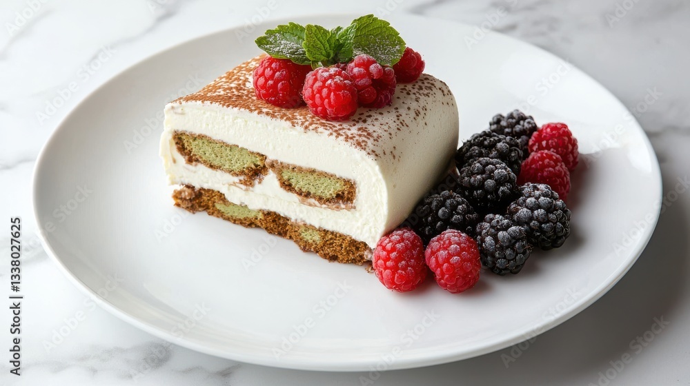 Delicious Dessert Slice with Fresh Berries and Mint Garnish on Plate Delicious Dessert Slice with Fresh Berries and Mint Garnish on Plate