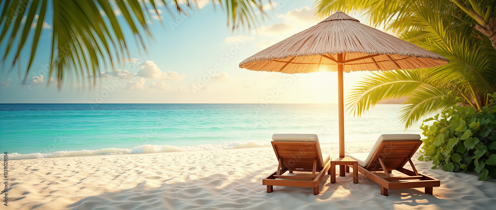 Fototapeta premium Tropical Beach Escape with Lounge Chairs and a Thatched Umbrella at Sunset