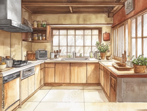 Watercolor illustration of a bright and inviting modern kitchen design