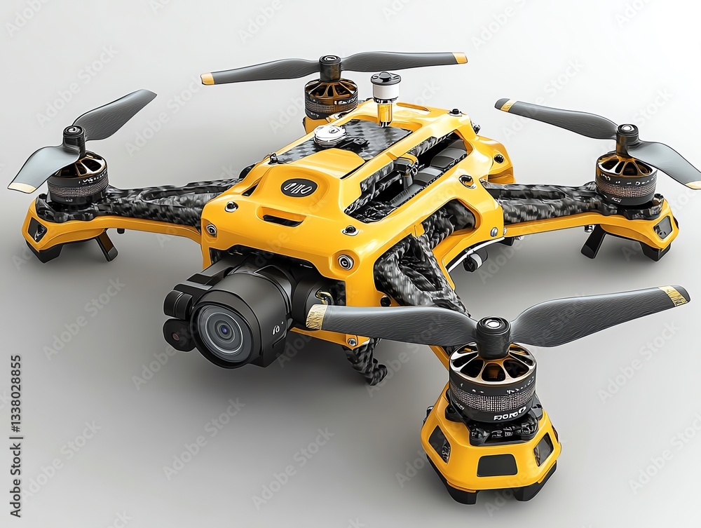 Drone Hovering Technology Close Up View with Camera and Propellers Drone Hovering Technology Close Up View with Camera and Propellers