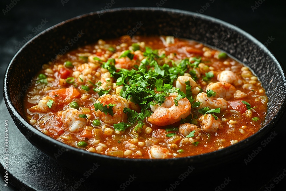 Delicious Spicy Shrimp and Vegetable Stew with Barley in a Black Bowl Delicious Spicy Shrimp and Vegetable Stew with Barley in a Black Bowl