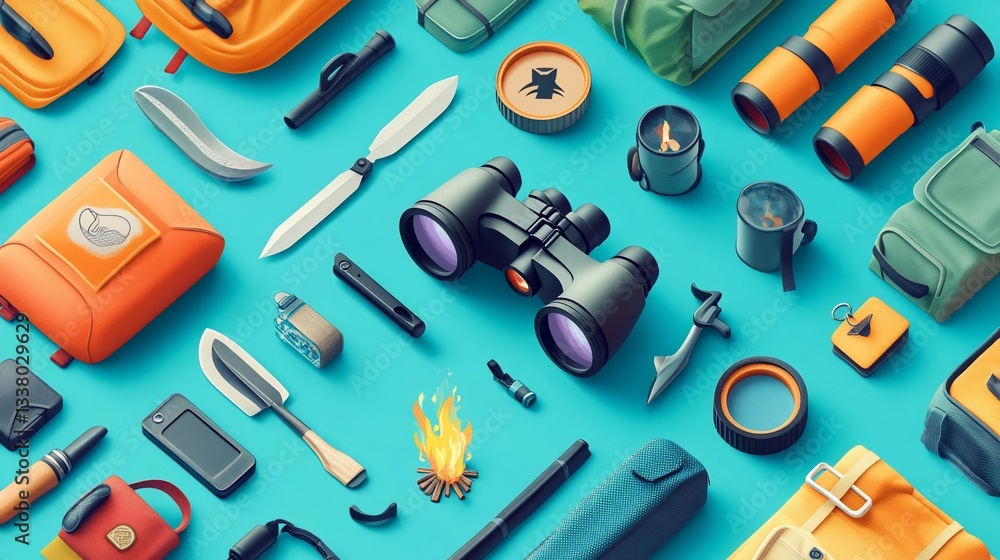 Essential camping and hiking gear, neatly arranged on a bright blue surface Essential camping and hiking gear, neatly arranged on a bright blue surface