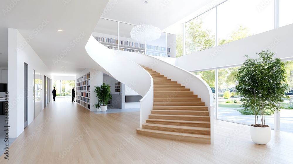 Obraz premium Modern Minimalist Home Interior with Curved Wooden Staircase and Large Windows