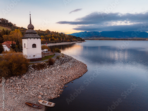 Liptov region with Tatras mountains around. Liptovska mara dam landscape, slo...