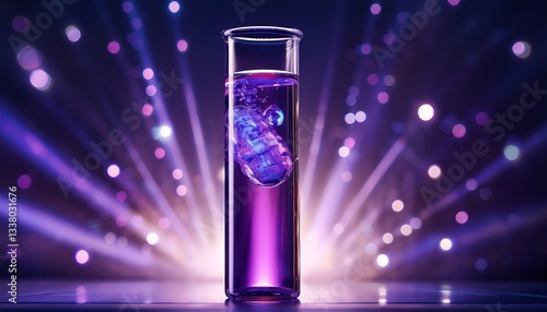 A single test tube containing vibrant purple liquid, with a small glowing, floating substance inside, soft reflections on glass, subtle laboratory background.