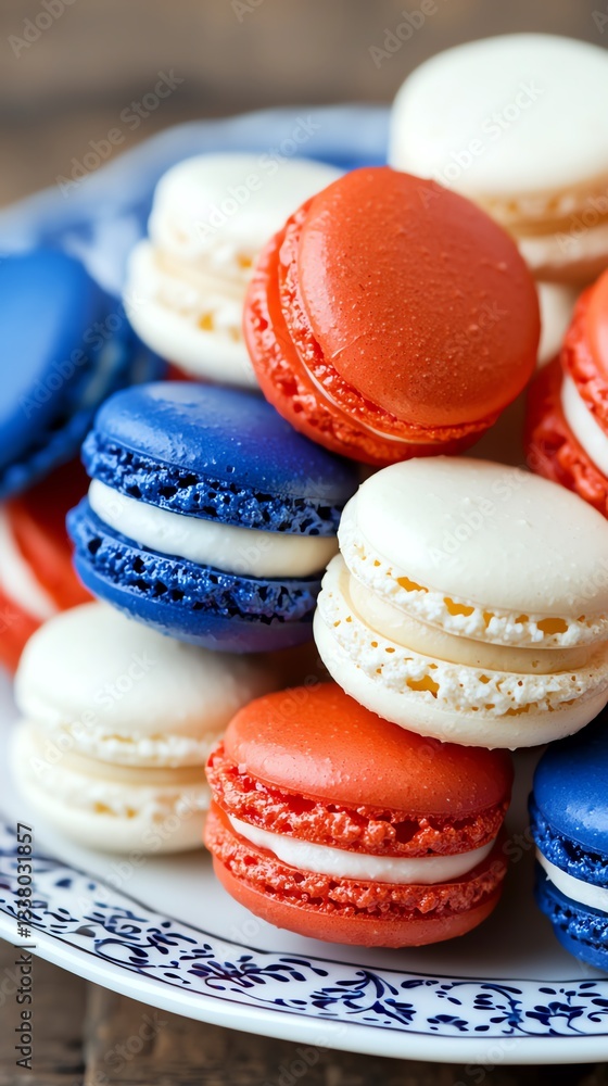 Fototapeta premium Elegant red, white, and blue macarons on a decorative plate