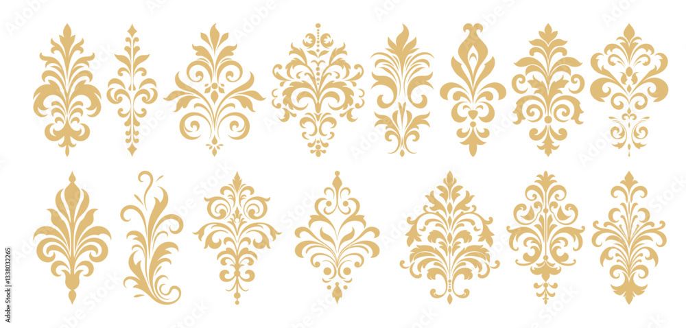 Assortment of golden damask ornamentation on white background decoration
