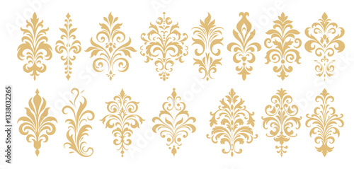 Assortment of golden damask ornamentation on white background decoration