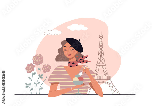 Beautiful girl in Paris. Cute girl eating ice cream and enjoys life. Romantic vibe. Vector spring illustration in a flat style. Portrait and avatar for social network.