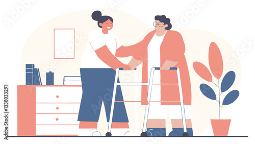 An elderly woman with a walker is doing physical therapy in a clinic under the supervision of a friendly physiotherapist. The specialist supports her.