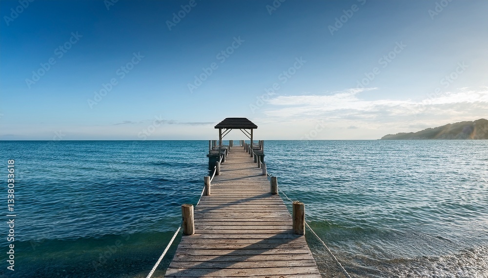 Fototapeta premium A tiny wooden pier stretching into a calm ocean, gentle waves softly lapping at the shore, serene atmosphere with pastel sky reflections on the water.