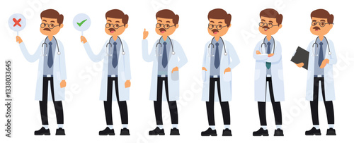Diverse cartoon doctor character set demonstrating different medical situations