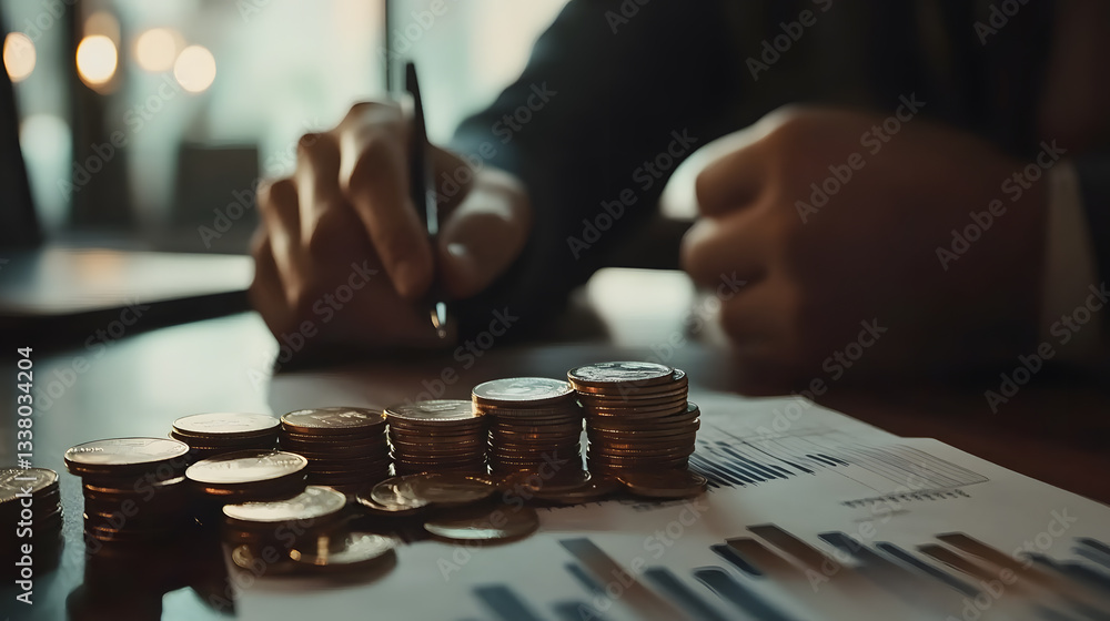 Businessman putting coins and charts. Financial concept of bank account savings and investments to maximize profits. business investments for future growth and success Businessman putting coins and charts. Financial concept of bank account savings and investments to maximize profits. business investments for future growth and success