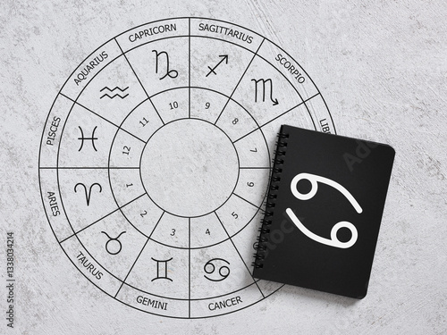 Schilderij op canvas Zodiac Wheel with Cancer Sign Highlighted on Notebook