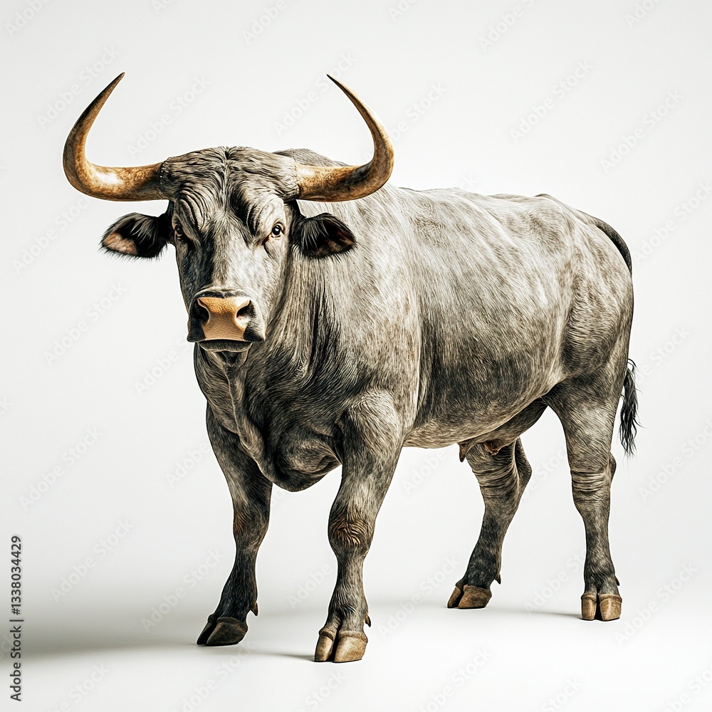 Naklejka premium A muscular bull with curved horns, powerful presence, strong side lighting, full-body shot, white backdrop.