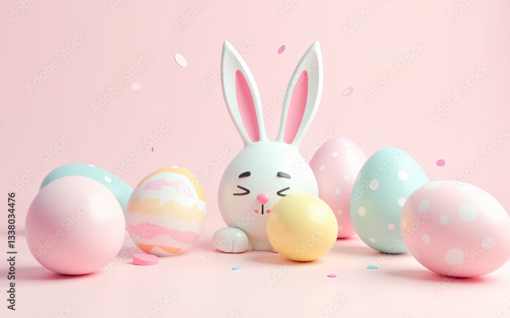 Pastel Easter scene featuring a cute white bunny-shaped egg with pink inner ears surrounded by colorful decorated eggs on a soft pink backdrop with falling confetti. Pastel Easter scene featuring a cute white bunny-shaped egg with pink inner ears surrounded by colorful decorated eggs on a soft pink backdrop with falling confetti.