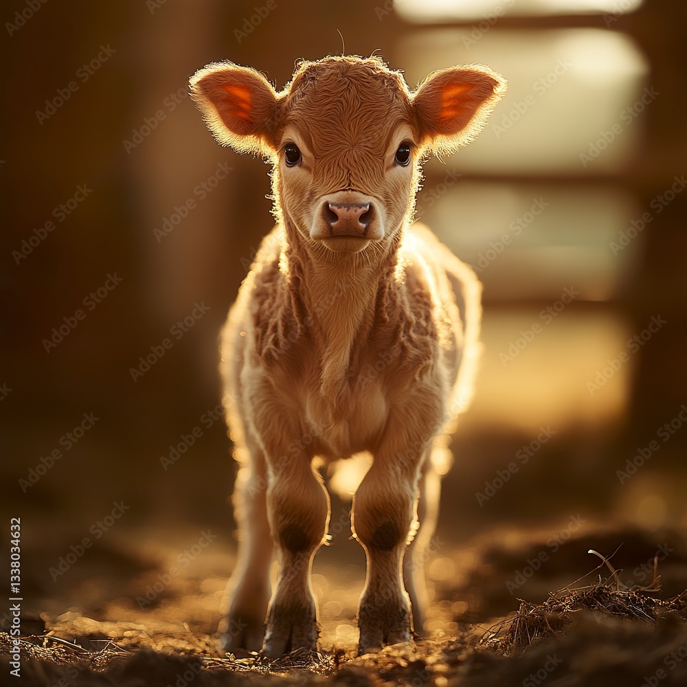 Fototapeta premium A newborn calf standing on wobbly legs, soft warm light, centered composition 