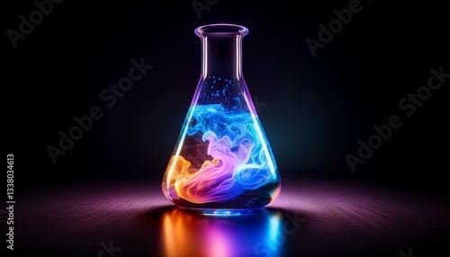 A transparent high-tech lab flask with a swirling, colorful chemical reaction inside, glowing softly with futuristic light reflections.