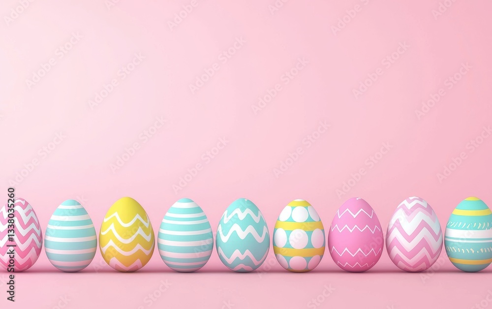 Colorful painted Easter eggs arranged neatly on a pink background. Colorful painted Easter eggs arranged neatly on a pink background.