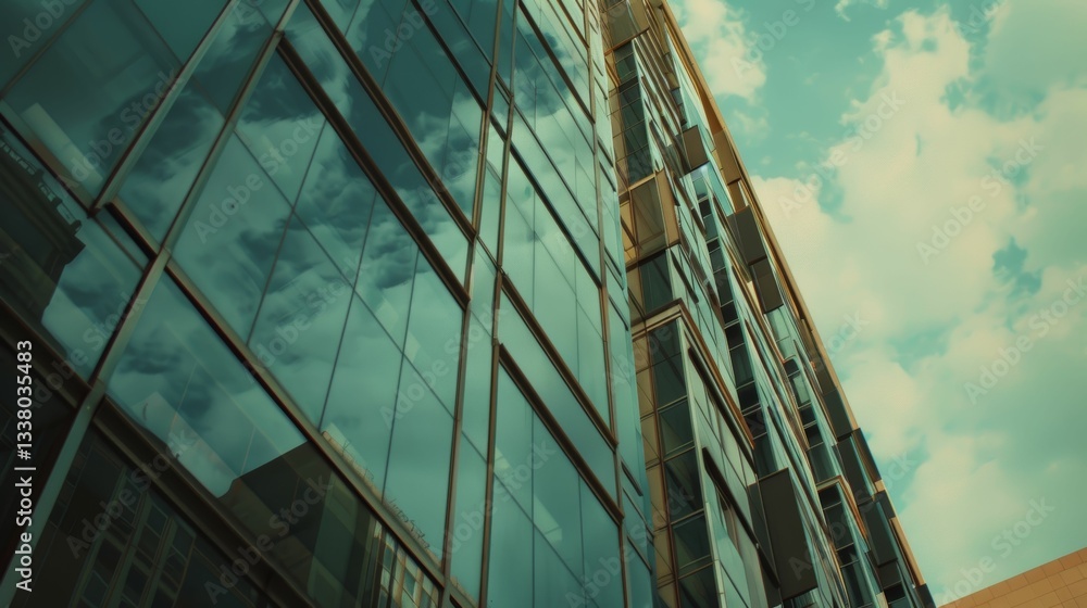 A tall building with many windows and a cloudy sky in the background A tall building with many windows and a cloudy sky in the background