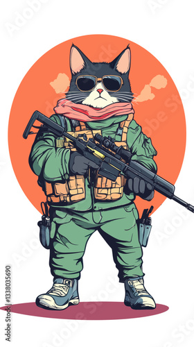 Military Cat Cartoon in Tactical Gear Holding Rifle Flat Minimalist Vector Art