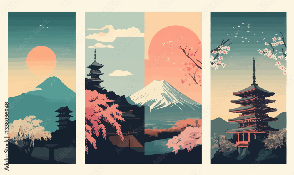 Fototapeta premium Retro Japan Travel Posters Featuring Osaka, Kyoto, Fuji Mountain, and Sakura Blooms