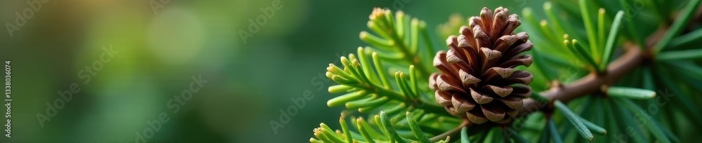 Fototapeta premium Close-up of a fir branch's details; a prominent pinecone nestled amongst needles , tree, macro