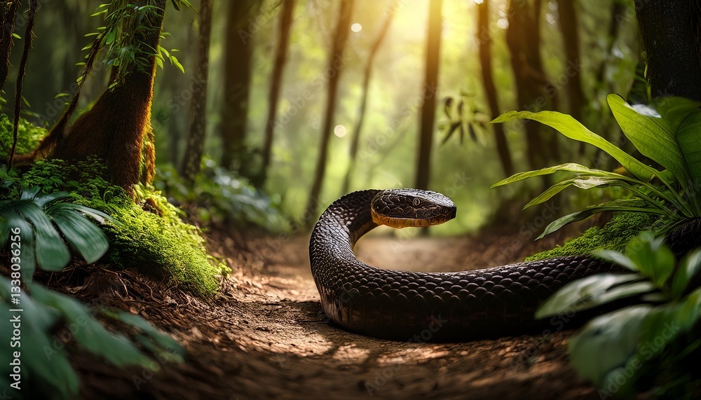 Fototapeta premium A venomous snake slithering stealthily along a forest trail, its dark glossy scales catching dappled sunlight filtering through the trees.