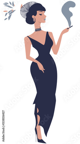 Chic 1920s Flapper Woman in Elegant Dress Smoking Cigarette Vector Illustration