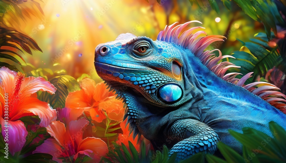 Fototapeta premium A vibrant blue iguana basking in a tropical garden, surrounded by lush greenery and bright, colorful flowers, sunlight highlighting its textured scales.