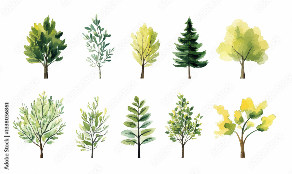 Fototapeta premium Minimalist Watercolor Green Trees and Bushes Vector Set for Nature Design