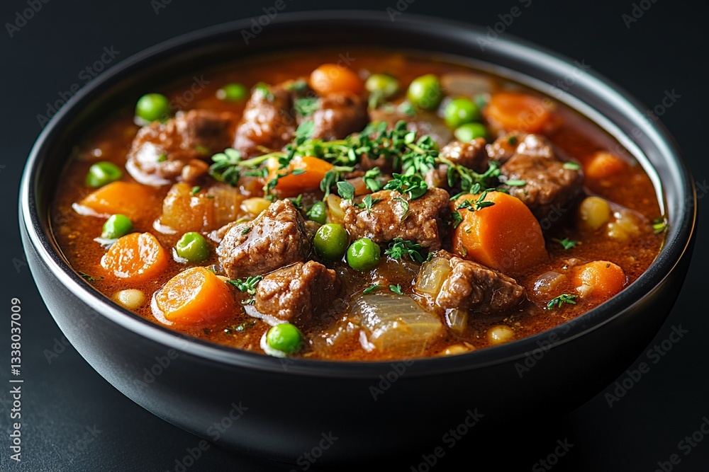 Hearty Beef Stew with Carrots Peas and Onions in a Rustic Bowl Hearty Beef Stew with Carrots Peas and Onions in a Rustic Bowl