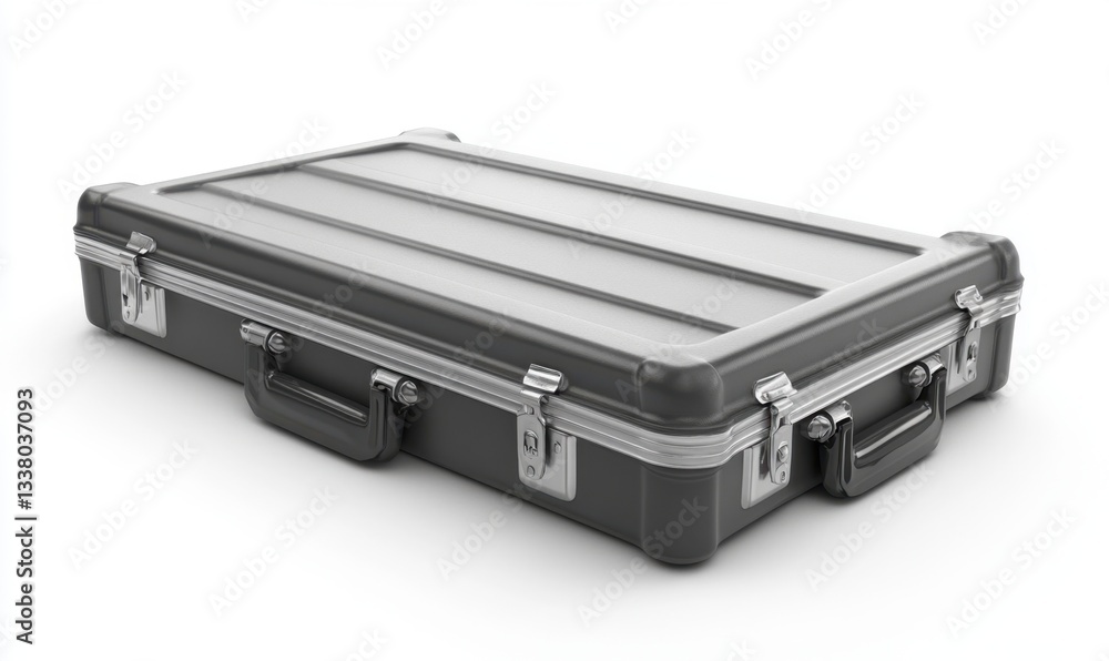 Gray briefcase closed, isolated on white, ideal for security, storage, or travel visuals Gray briefcase closed, isolated on white, ideal for security, storage, or travel visuals
