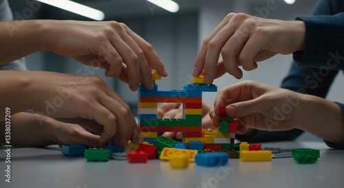 Teamwork building colorful blocks creative construction project fun toys play kids game hands