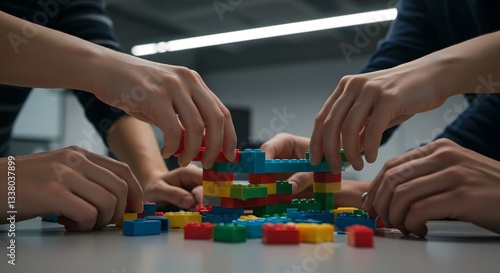 Teamwork building blocks collaboration creative colorful blocks red toy blue hands group green