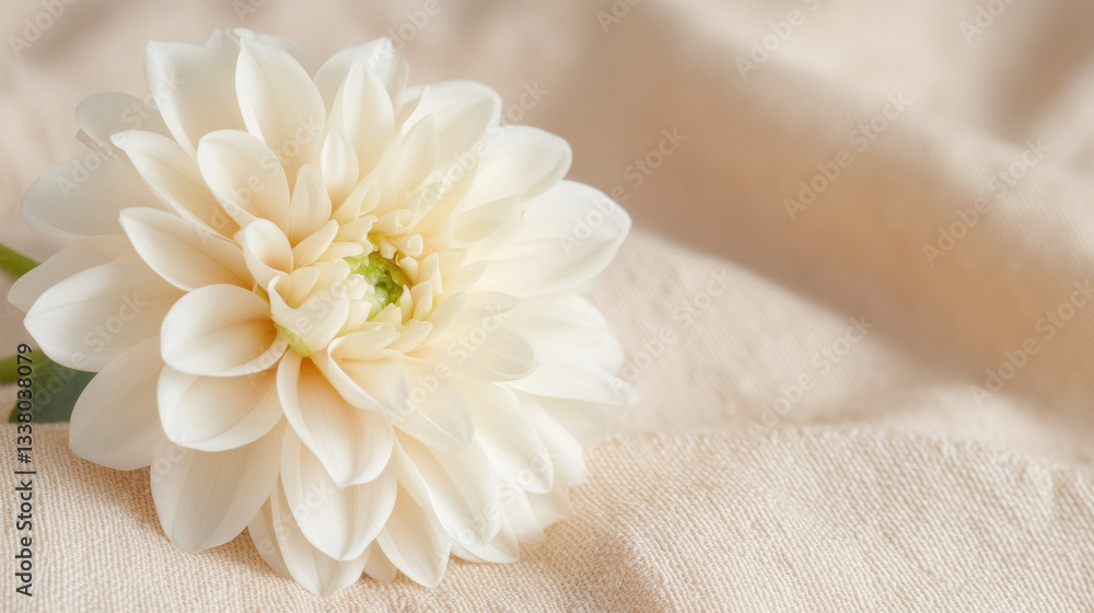 Cream dahlia blooming elegantly on soft beige fabric canvas