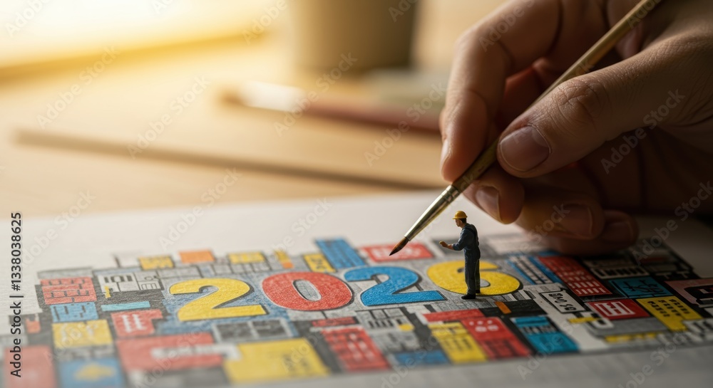 Fototapeta premium Hand painting miniature worker on 2026 cityscape design new year planning concept