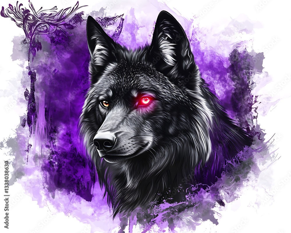 Black Wolf with Crimson Glow in Abstract Gothic Design of Purple and White Black Wolf with Crimson Glow in Abstract Gothic Design of Purple and White