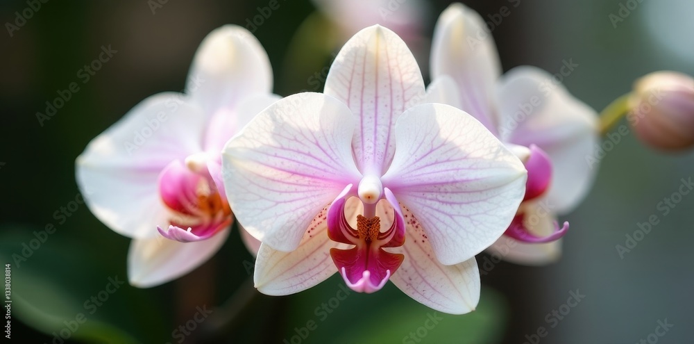 Delicate light orchid, blush pink spots on pristine white petals , closeup, beauty, white