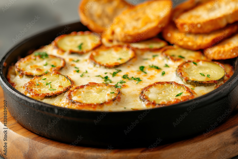 Delicious baked zucchini and cheese casserole with toasted bread slices, garnished with fresh herbs in a cast iron skillet Delicious baked zucchini and cheese casserole with toasted bread slices, garnished with fresh herbs in a cast iron skillet